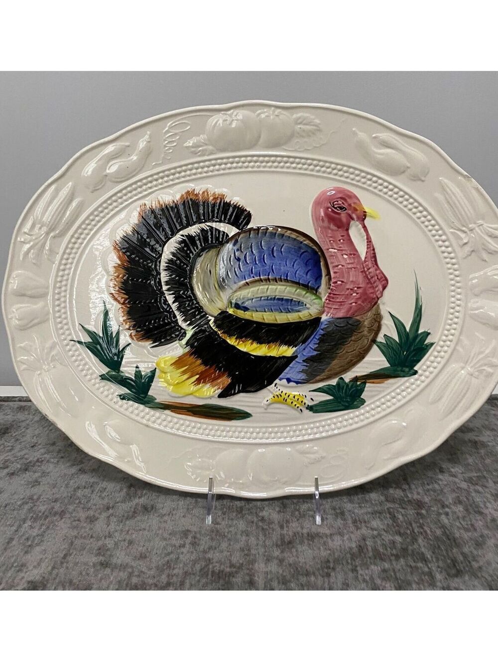 Vintage Hand-Painted Turkey Ceramic Serving Platter